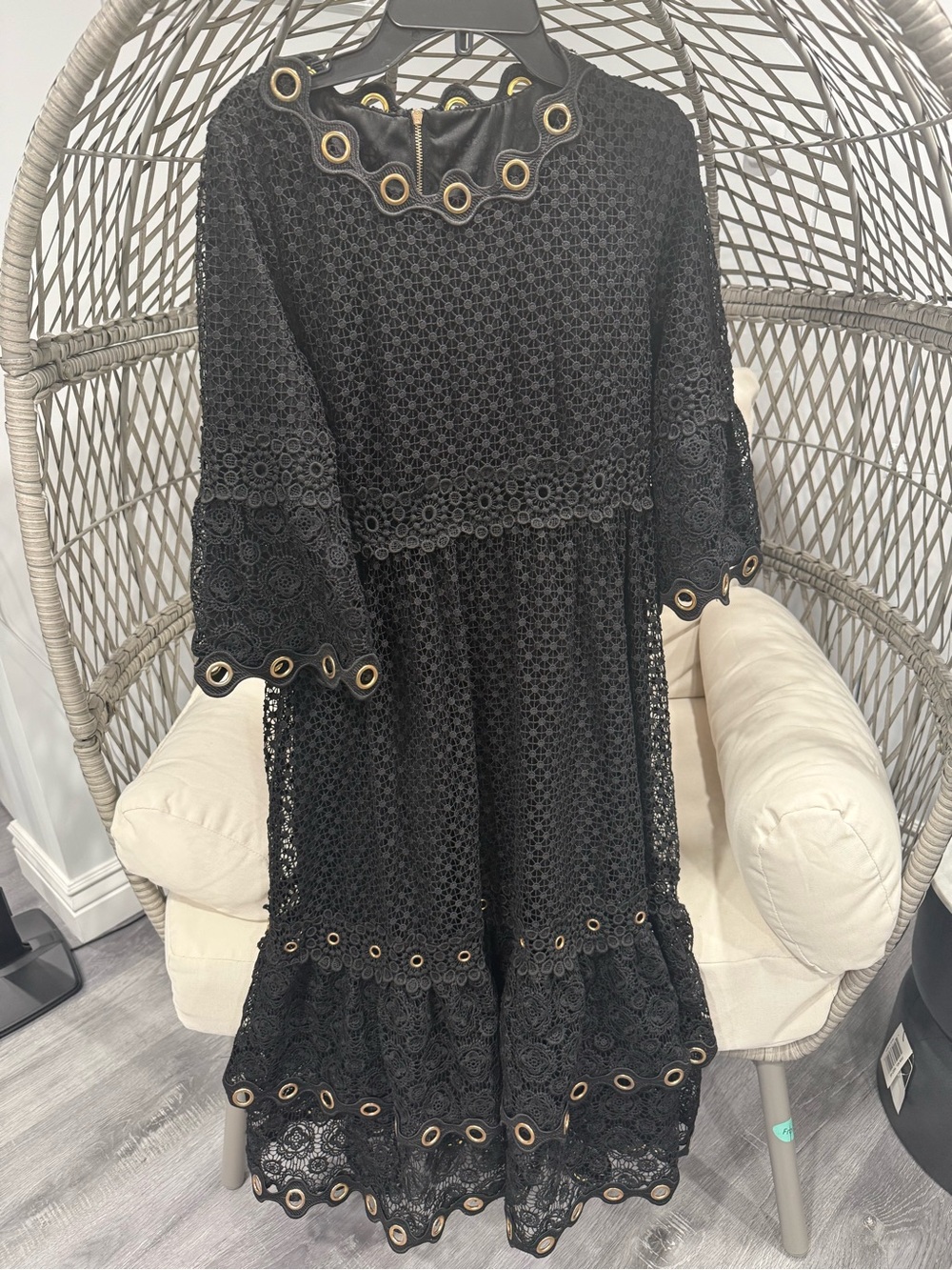 Maje Black Crochet Lace Midi Dress with Gold Eyelet Trim and flowy effect